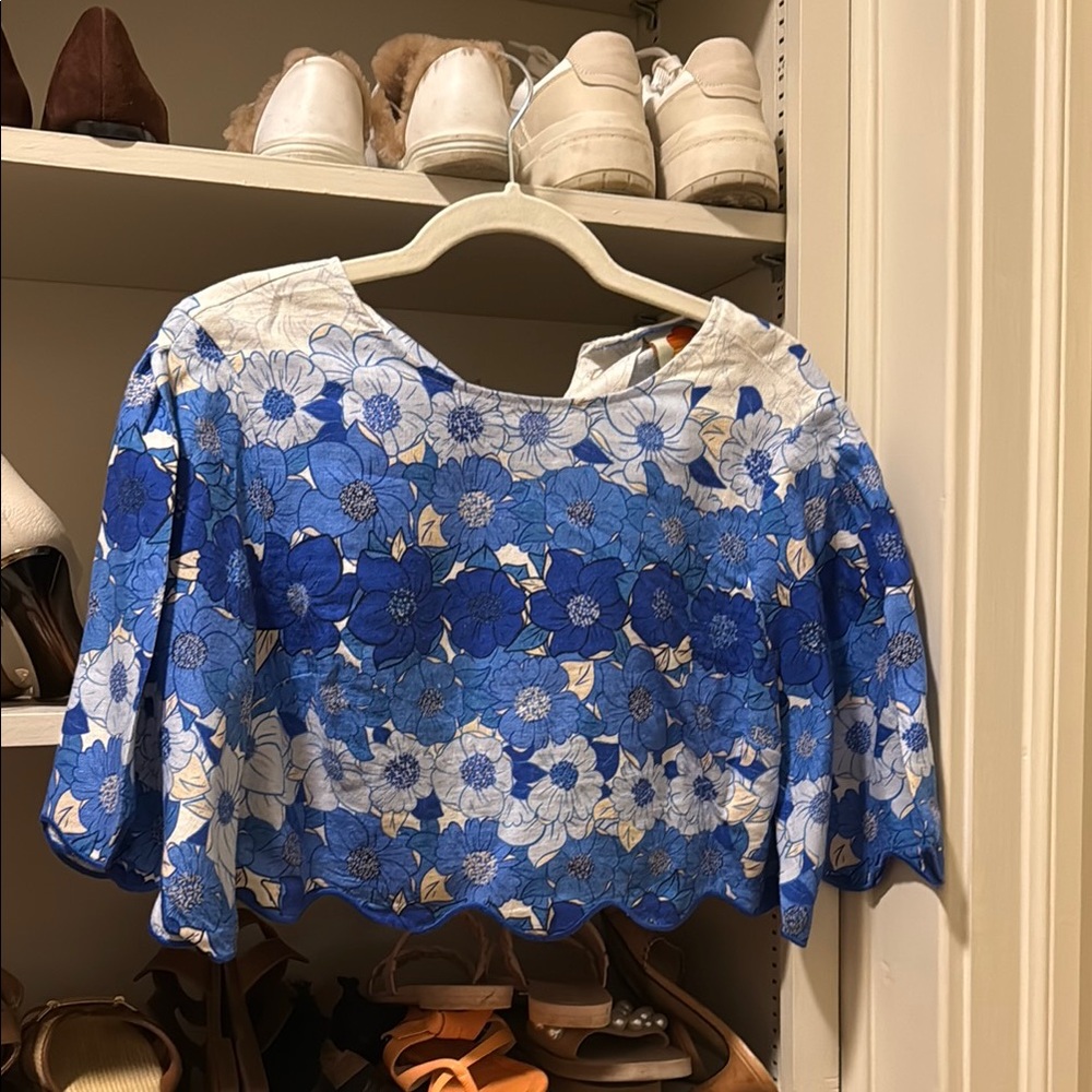 FARM Rio White and Blue Crop Blouse